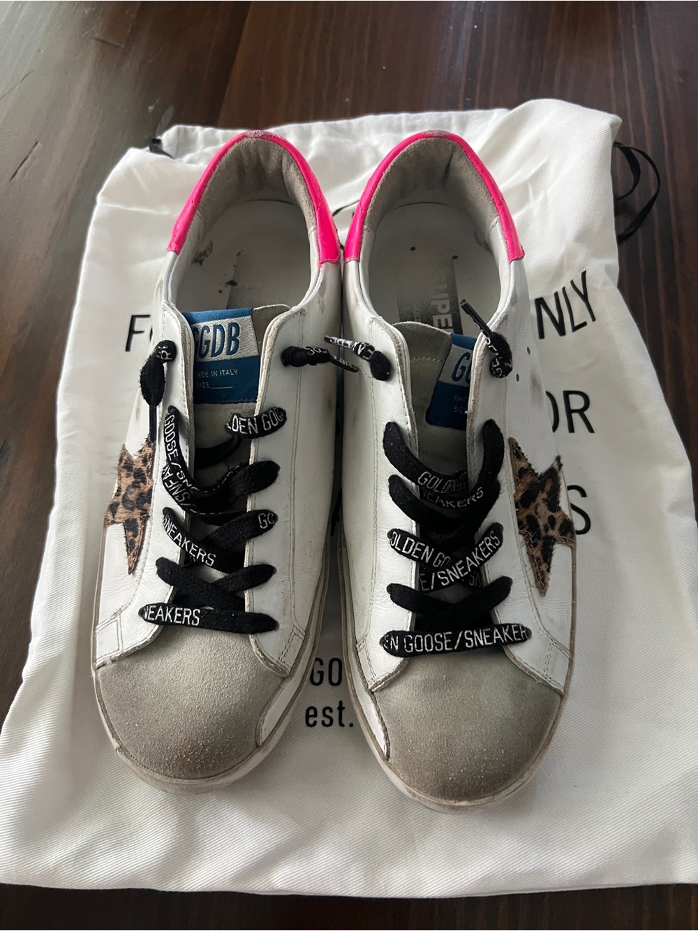 Golden Goose White Leather Sneakers with Pink Heel and Leopard Star